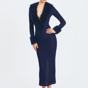 Romina Navy Plunging Fur Trimmed Crochet Maxi Dress