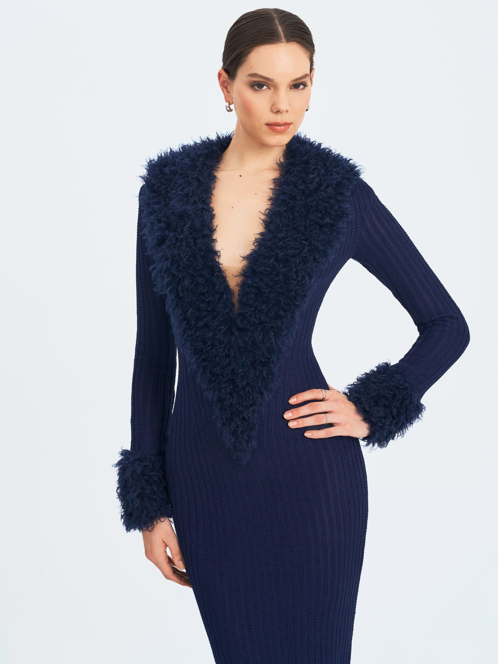 Romina Navy Plunging Fur Trimmed Crochet Maxi Dress - Image 2