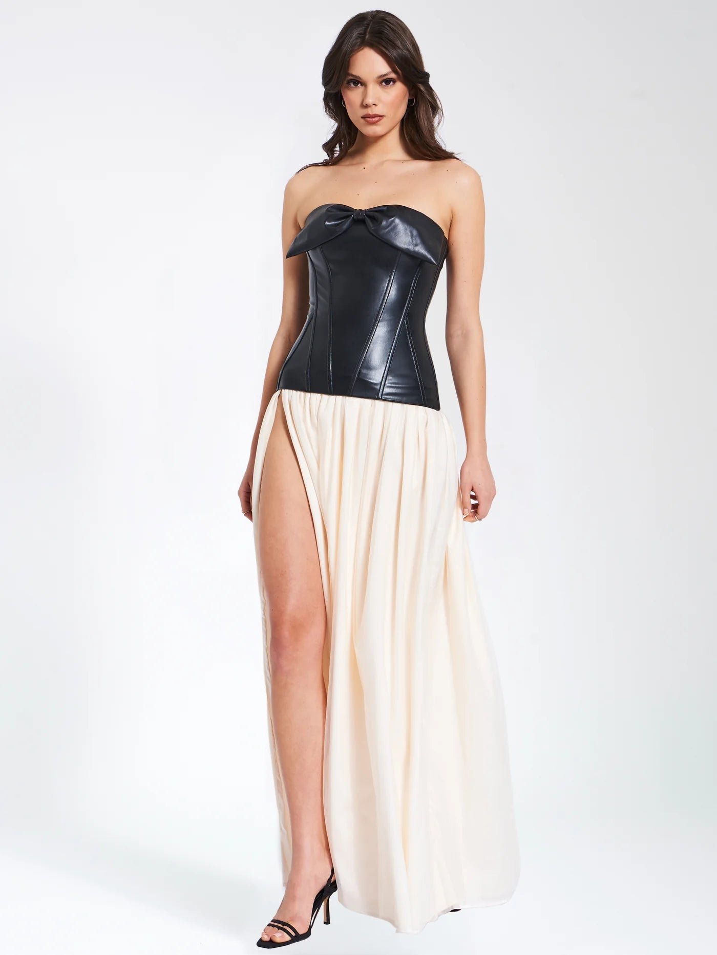 MAAYAN BLACK VEGAN LEATHER CORSET HIGH SLIT DROP WAIST MAXI DRESS - Image 2