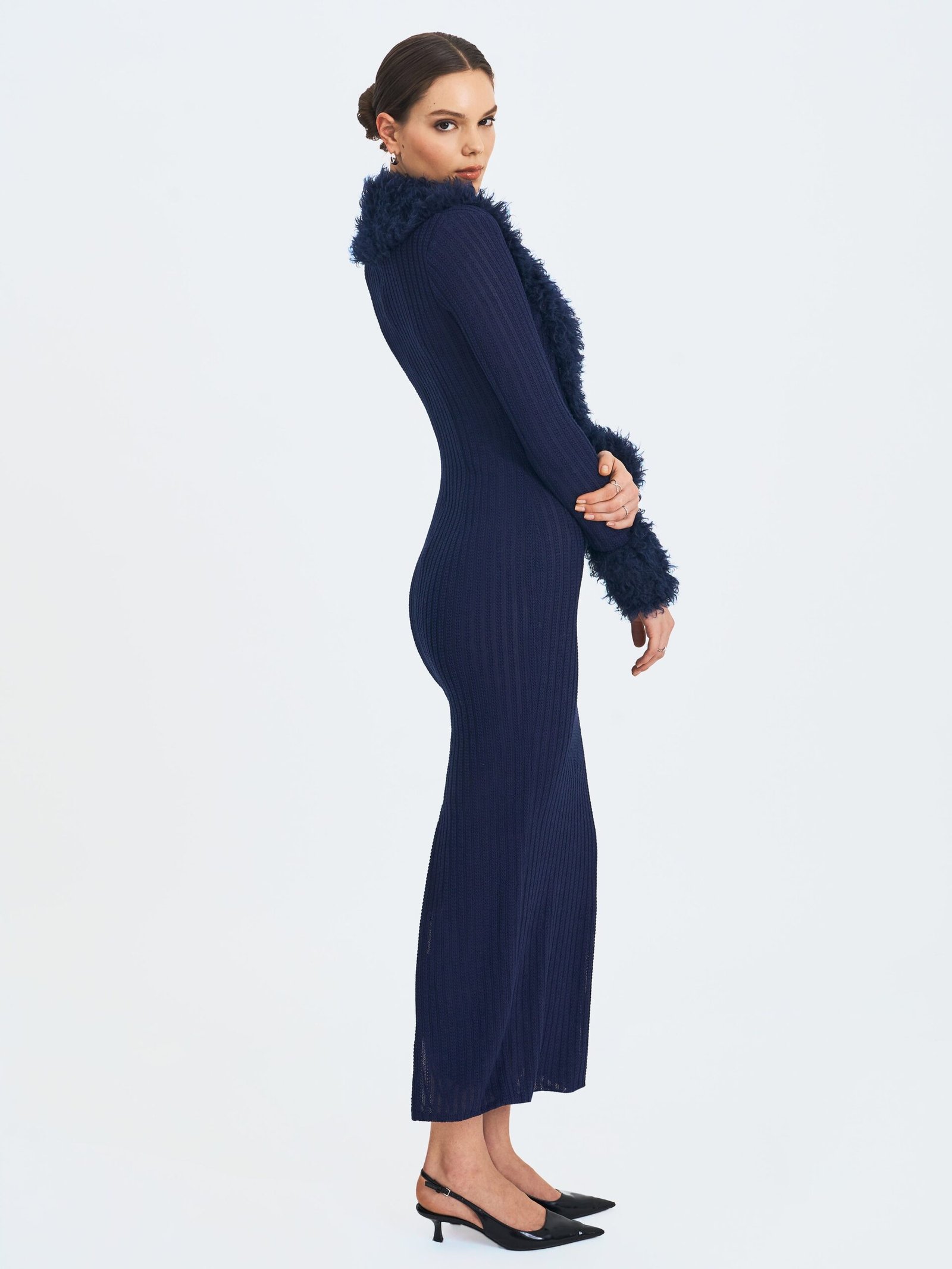 Romina Navy Plunging Fur Trimmed Crochet Maxi Dress - Image 8