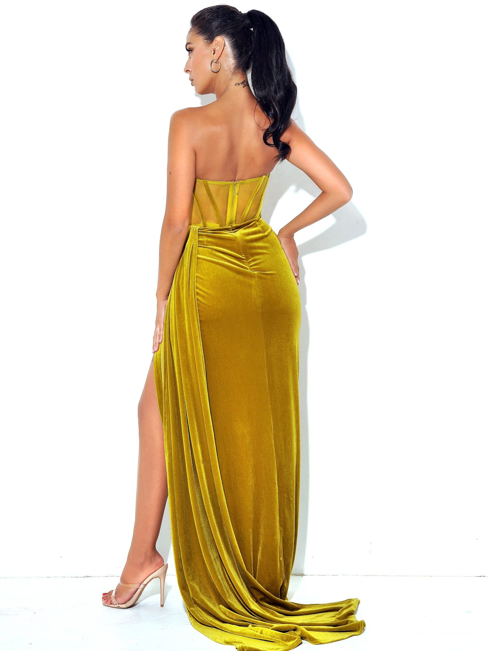 Priya Gold Draping Corset High Slit Velvet Gown - Image 5