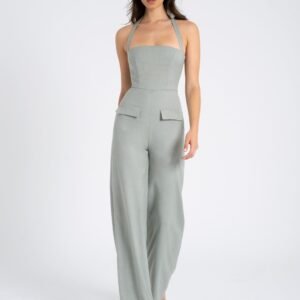 ZARIA SAGE GREEN WIDE LEG HALTER JUMPSUIT