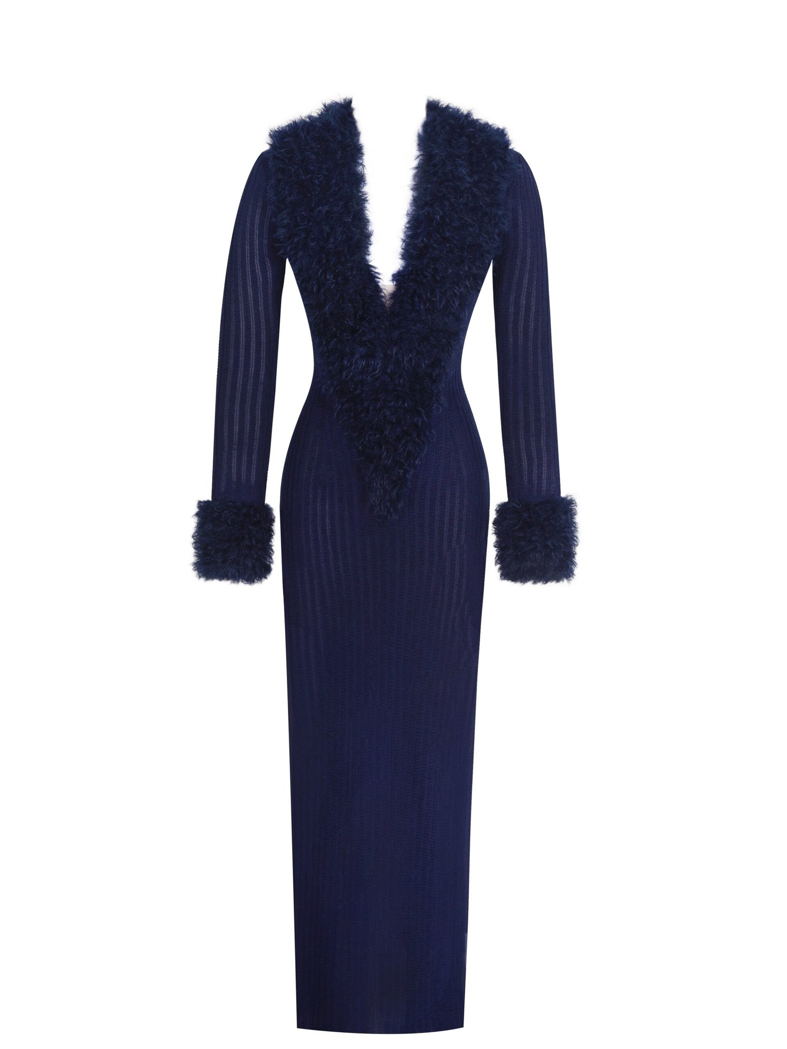 Romina Navy Plunging Fur Trimmed Crochet Maxi Dress - Image 11