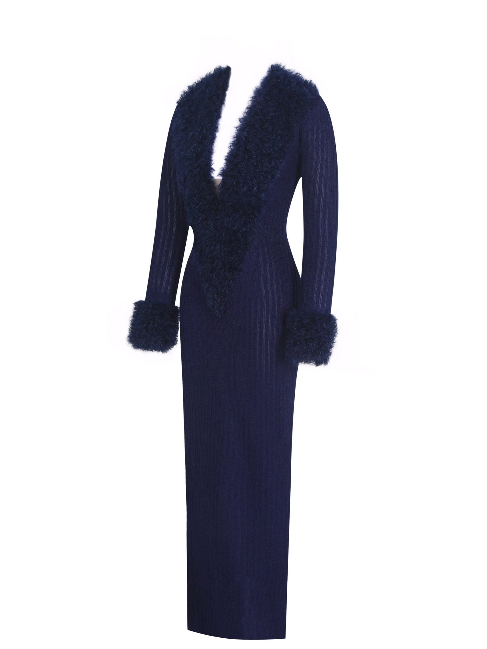 Romina Navy Plunging Fur Trimmed Crochet Maxi Dress - Image 12