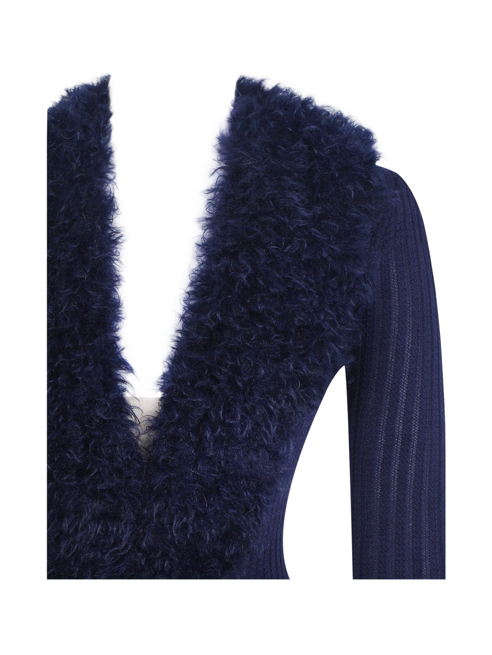 Romina Navy Plunging Fur Trimmed Crochet Maxi Dress - Image 13