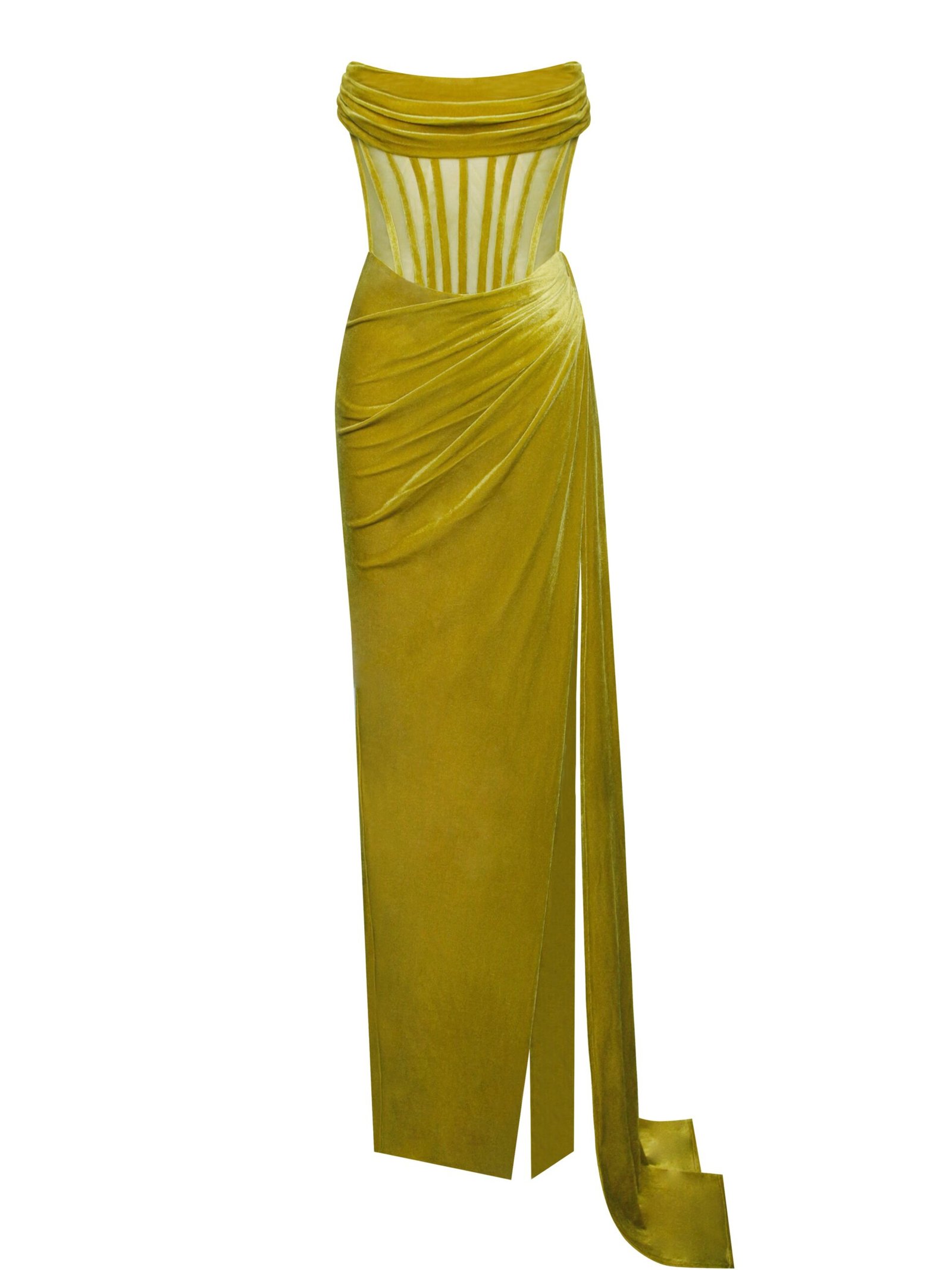 Priya Gold Draping Corset High Slit Velvet Gown - Image 6
